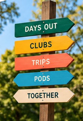 A wooden signpost pointing to days out, clubs, trips, pods and together